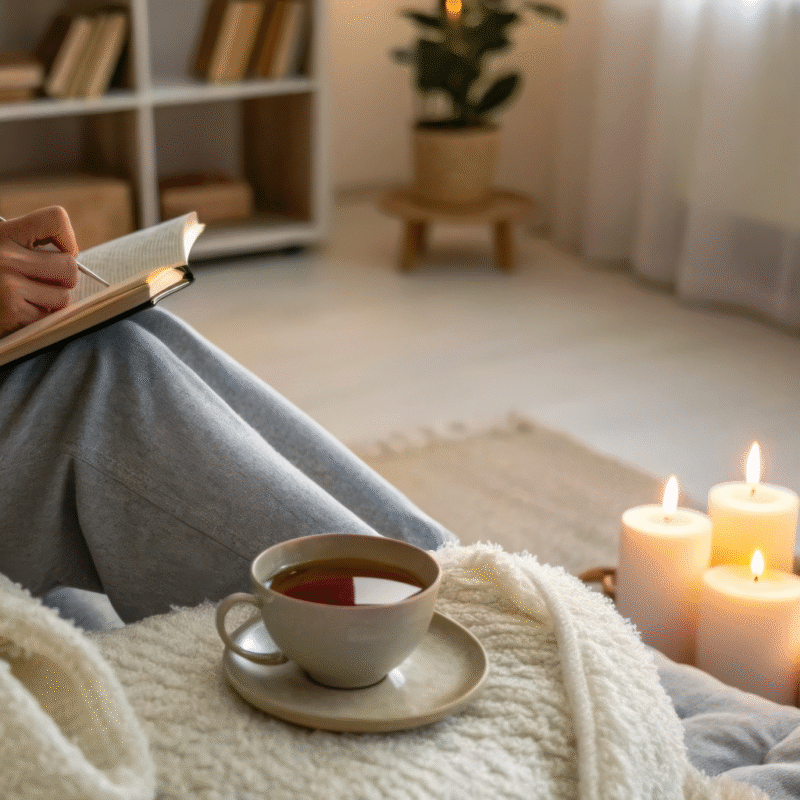 Person journaling with a cup of tea